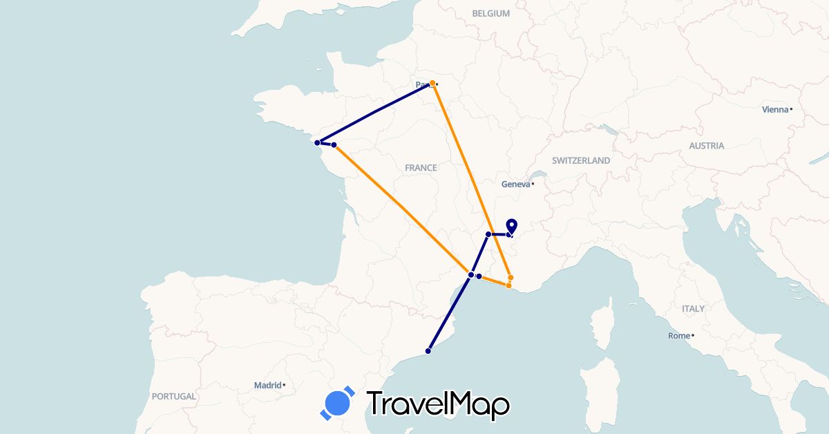 TravelMap itinerary: driving, hitchhiking in Spain, France (Europe)